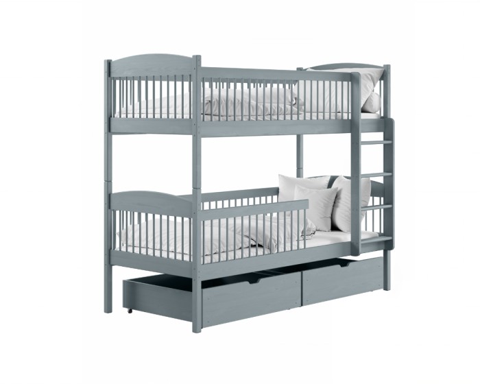 Graues Etagenbett aus Massivholz mit praktischen Schubladen.