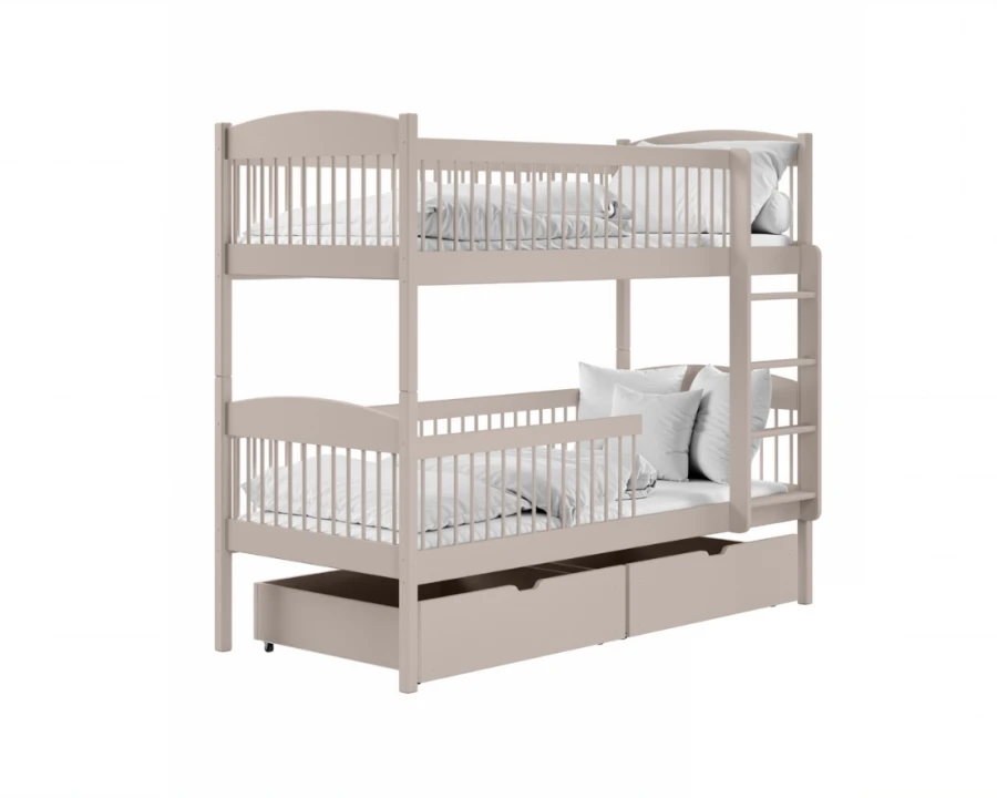 Beige bunk bed made of solid wood with two drawers on a white background.