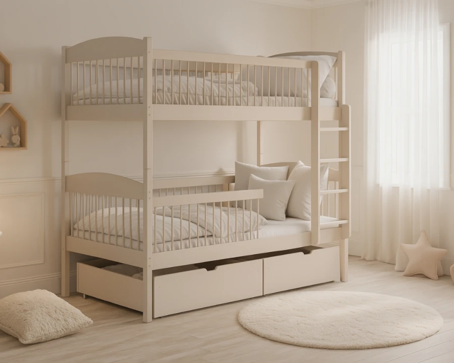 Beige bunk bed in a cosily furnished children's room with round rugs.