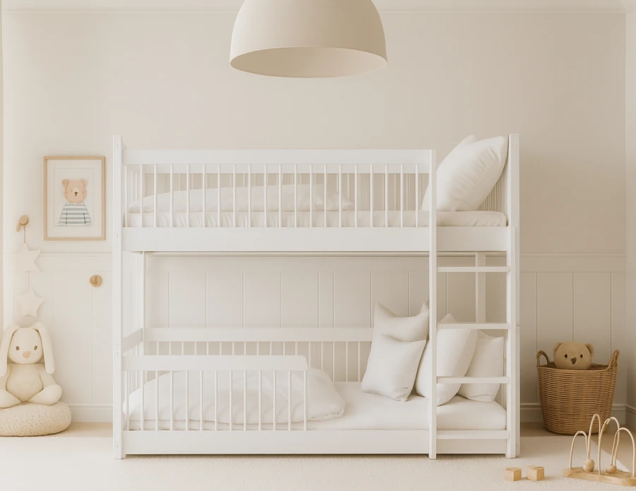 Klassiek wit kinder-stapelbed met geïntegreerde ladder en uitvalbeveiliging.