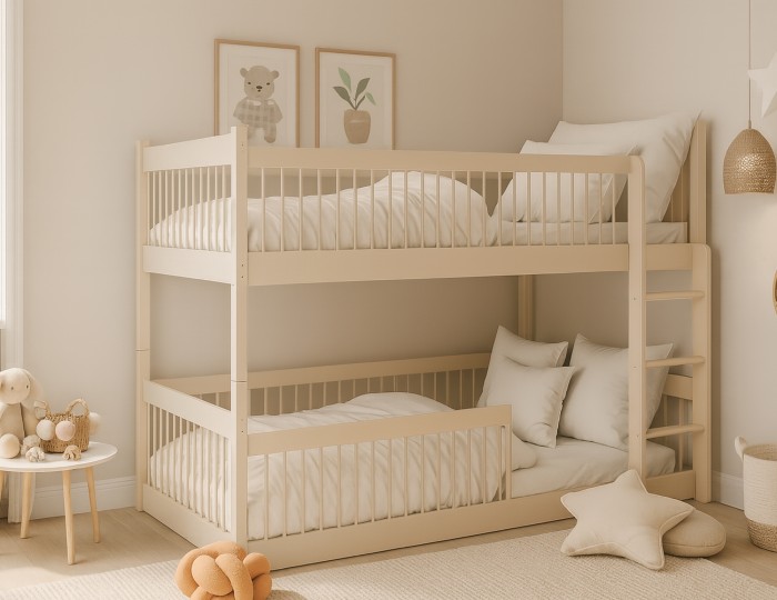 Gemütliches Etagenbett aus Holz in Beige im Kinderzimmer mit dekorativen Kissen und Wandbildern.