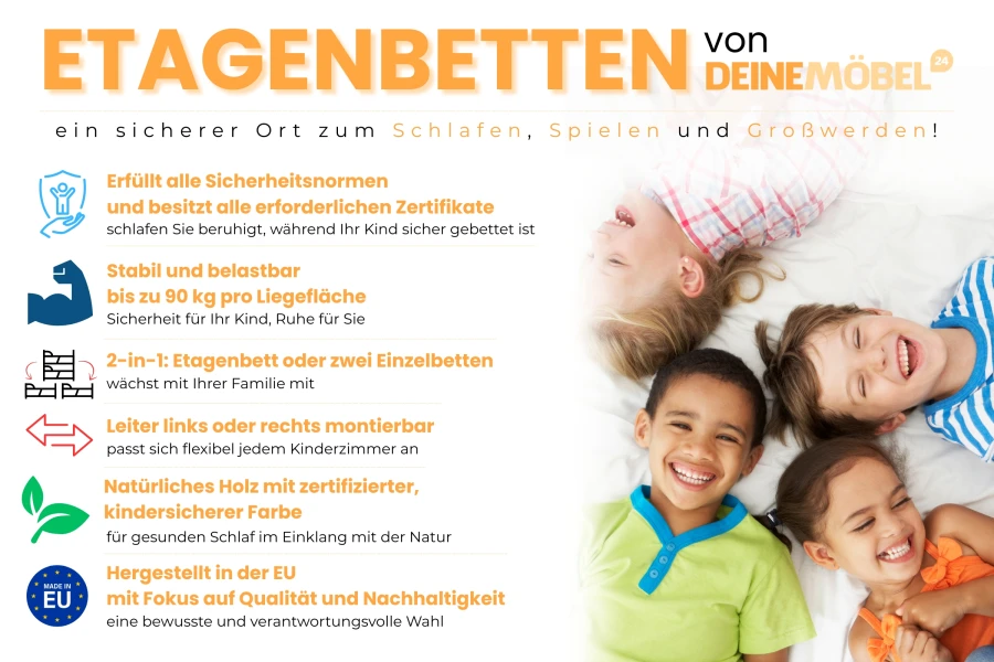 Infografik für Kinder-Etagenbetten mit Details zu Sicherheit, Stabilität und 2-in-1 Funktion.