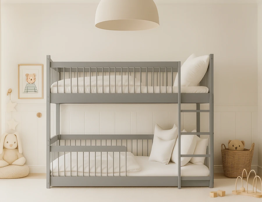 Front view of a grey children's bunk bed made of solid wood in a bright children's room.