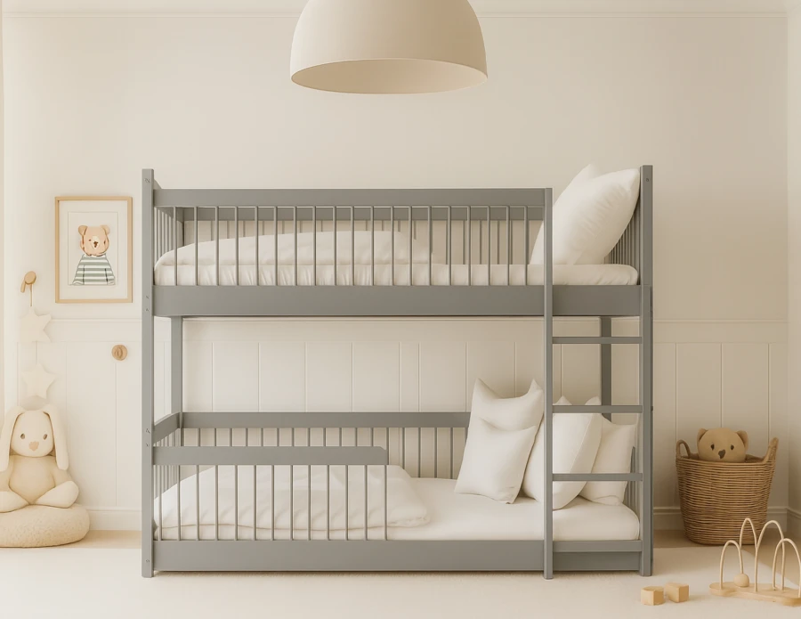 Frontansicht eines grauen Kinder-Etagenbetts aus Massivholz in einem hellen Kinderzimmer.