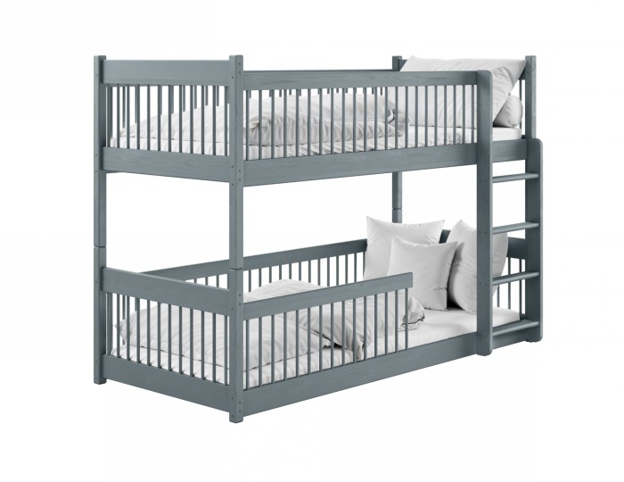 Graues Etagenbett aus Holz für Kinder mit Rausfallschutz und Leiter.