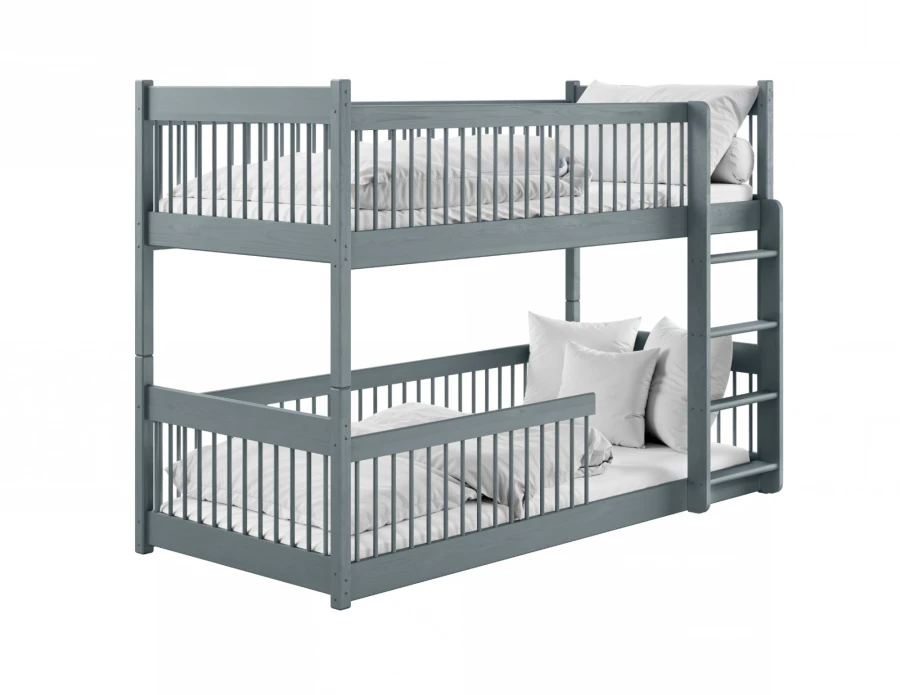 Graues Etagenbett aus Holz für Kinder mit Rausfallschutz und Leiter.