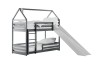 Dunkelgraues Hausbett-Etagenbett für Kinder mit Rutsche und Leiter.