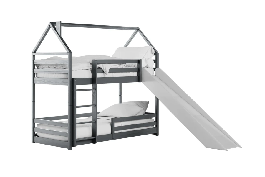 Dunkelgraues Hausbett-Etagenbett für Kinder mit Rutsche und Leiter.