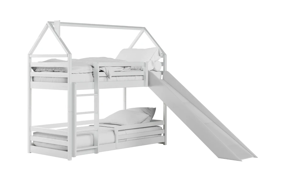 Weißes Hausbett-Hochbett für Kinder mit Rutsche und Leiter.