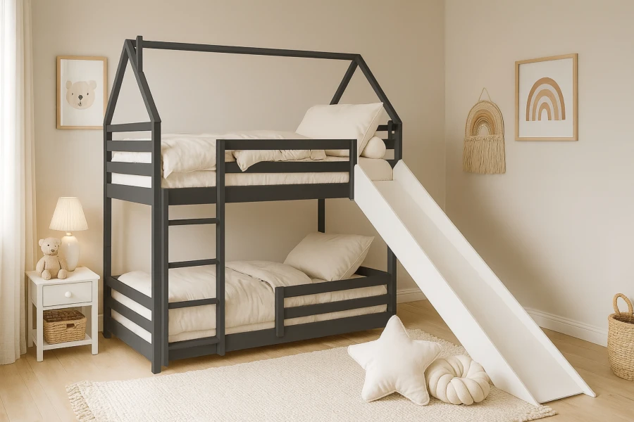 Dunkelgraues Haus-Etagenbett mit weißer Rutsche im gemütlichen Kinderzimmer.