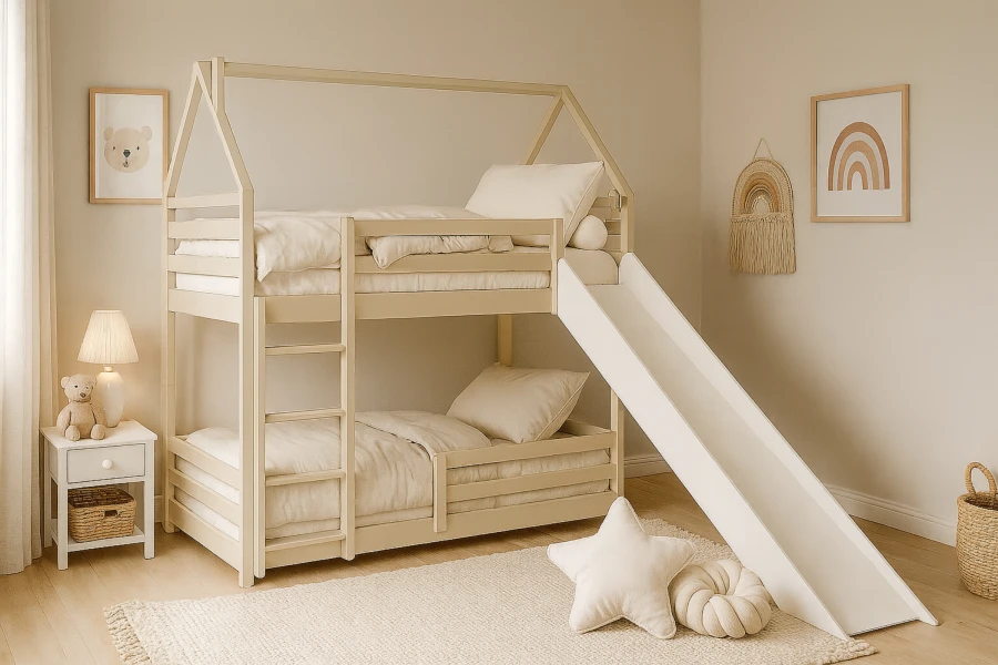 Cremefarbenes Etagenbett in Hausform mit Rutsche für das Kinderzimmer.