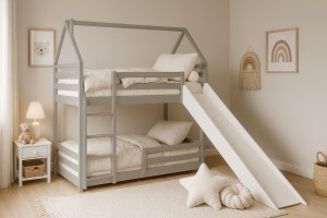 FUN Etagenbett 90x200 cm Hausbett Bodenbett für 2 Kinder mit Rutsche, Leiter und Lattenrost Deine Möbel