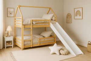 FUN Etagenbett 90x200 cm Hausbett Bodenbett für 2 Kinder mit Rutsche, Leiter und Lattenrost Deine Möbel