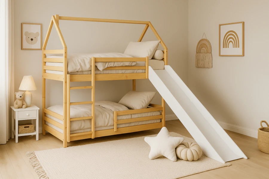 Etagenbett aus Naturholz in Hausoptik mit weißer Rutsche für Kinder.