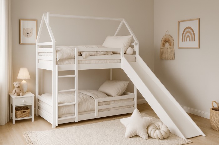 Wit kinder-stapelbed in huisvorm met geïntegreerde glijbaan en ladder.