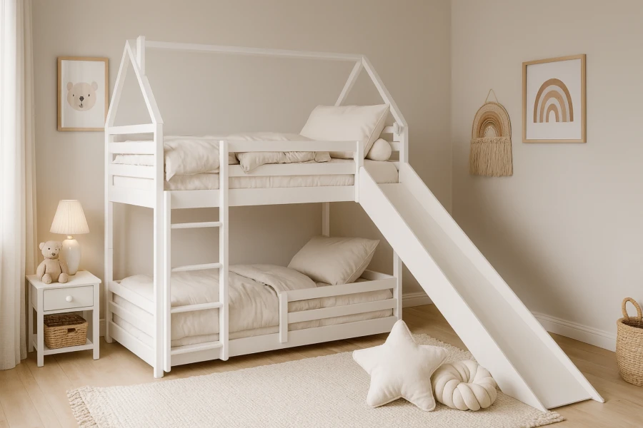 Weißes Kinder-Etagenbett in Hausform mit integrierter Rutsche und Leiter.