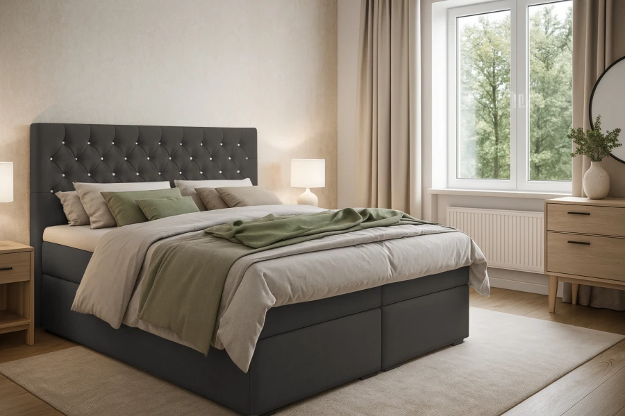 Modernes Boxspringbett in Anthrazit mit kristallbesetztem Kopfteil in einem hellen Schlafzimmer.