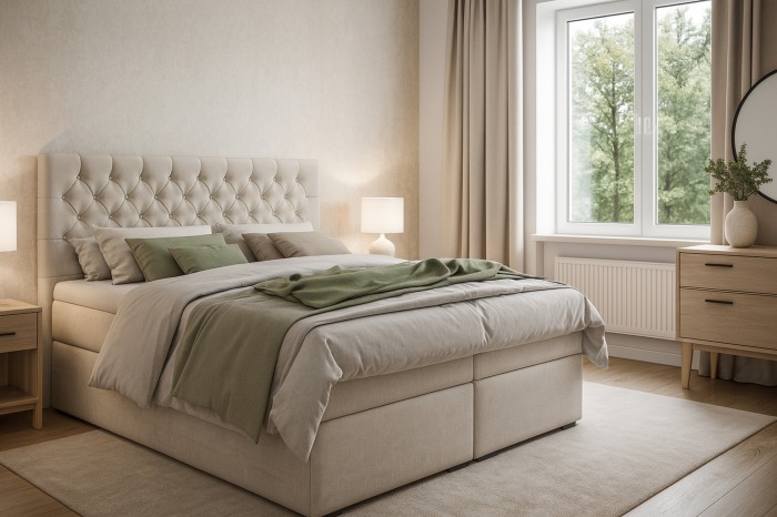 Modernes beiges Boxspringbett mit gestepptem Kopfteil in gemütlichem Schlafzimmer-Ambiente.