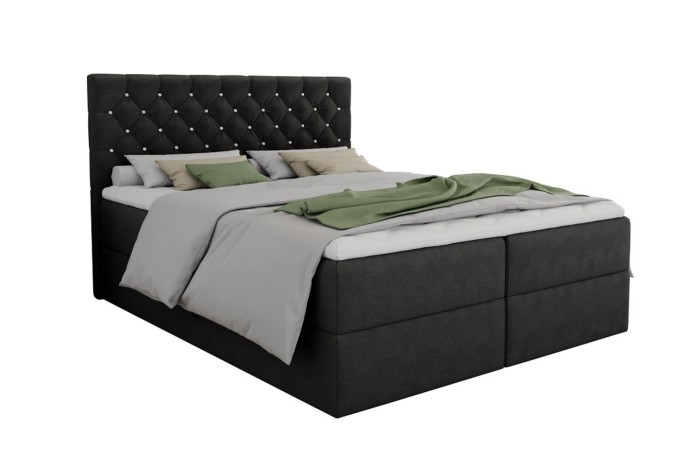 Modernes Boxspringbett Arami in Schwarz mit gestepptem Kopfteil und glänzenden Kristalldetails.