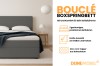 Produktvorteile des Bouclé Boxspringbetts: Stauraum, Farbauswahl und inkludierter Kaltschaum-Topper.