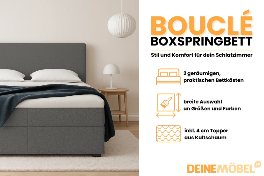 Produktvorteile des Bouclé Boxspringbetts: Stauraum, Farbauswahl und inkludierter Kaltschaum-Topper.
