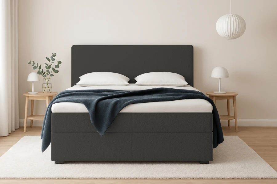 Modernes Bouclé Boxspringbett in Dunkelgrau mit stilvollen Nachttischen und Beleuchtung.