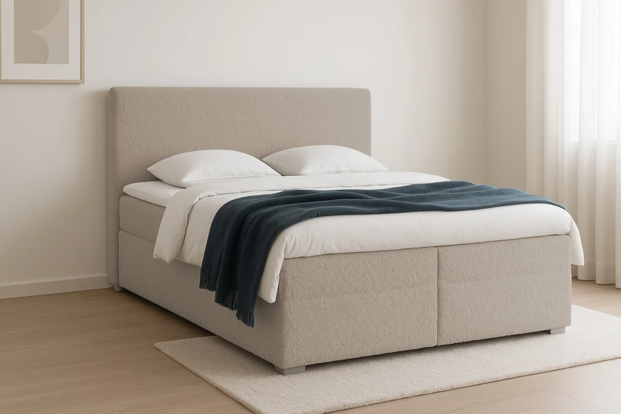Beiges Boxspringbett aus Bouclé mit Bettkasten und blauer Kuscheldecke in hellem Raum.