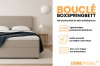 Infografik zum Bouclé-Boxspringbett mit Details zu Bettkasten, Farbauswahl und Kaltschaum-Topper.