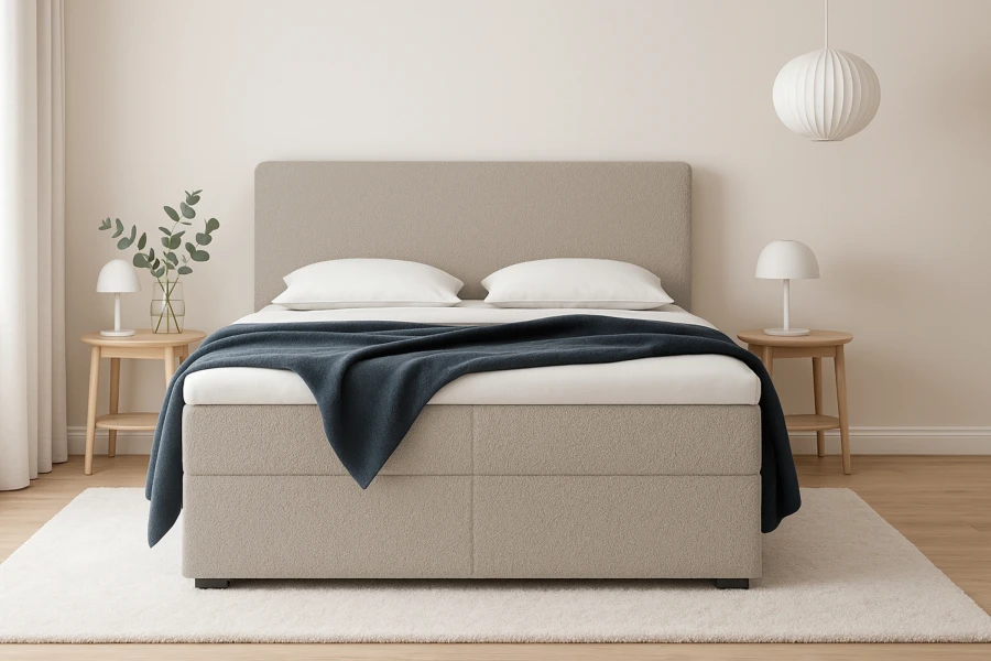 Modernes Bouclé-Boxspringbett in Beige mit hohem Kopfteil und gemütlicher blauer Decke.