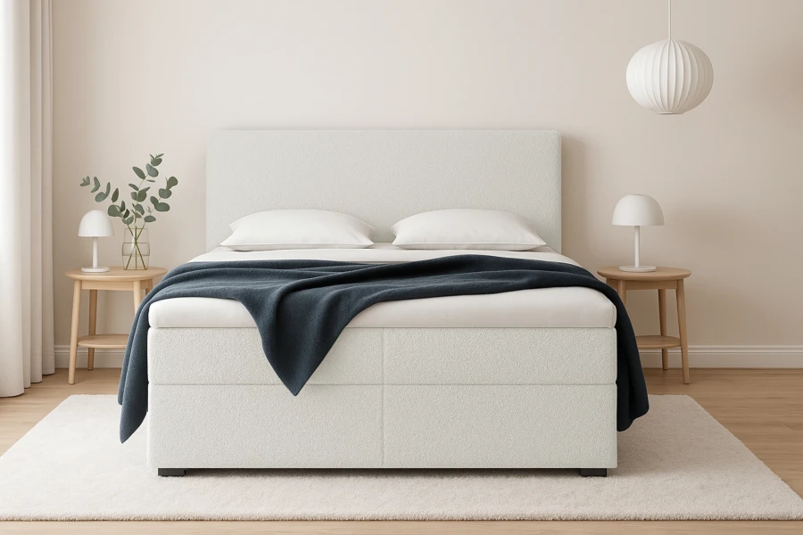 Weißes Boxspringbett aus Bouclé-Stoff für ein helles, minimalistisches Schlafzimmer-Ambiente.