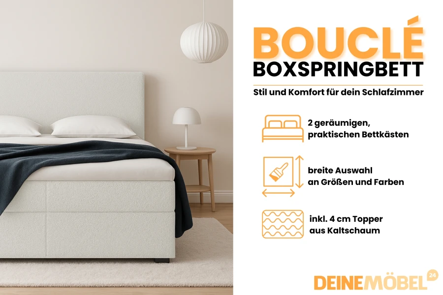 Weißes Bouclé Boxspringbett mit Bettkasten und Topper - Infografik von Deinemeubel24