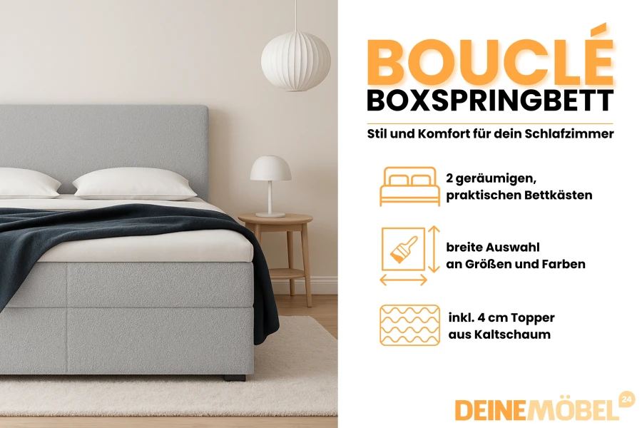 Hellblaues Bouclé Boxspringbett Highlights: Bettkasten, Farbauswahl und Kaltschaum-Topper