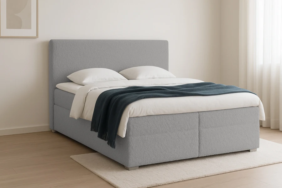 Stilvolles Bouclé Boxspringbett in Hellblau für gemütlichen Komfort im Schlafzimmer