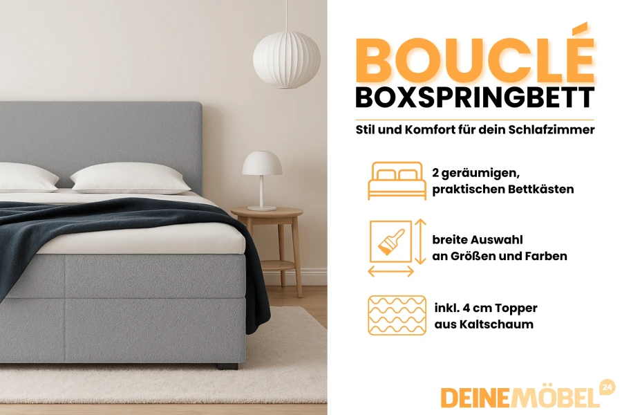 Graues Bouclé Boxspringbett mit Details zu Bettkasten, Farbauswahl und Kaltschaum-Topper.