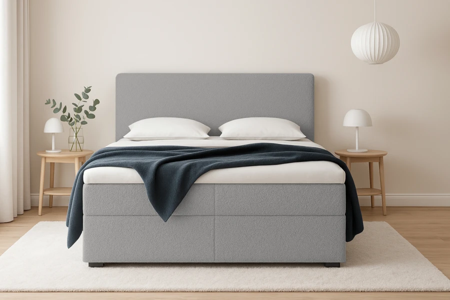 Modernes Boxspringbett in Grau aus strukturiertem Bouclé-Stoff für ein gemütliches Schlafzimmer.