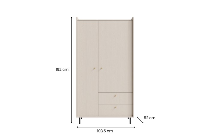 Beiger Kleiderschrank mit Maßen: 192 cm Höhe, 103,5 cm Breite, 52 cm Tiefe. Modernes Design.