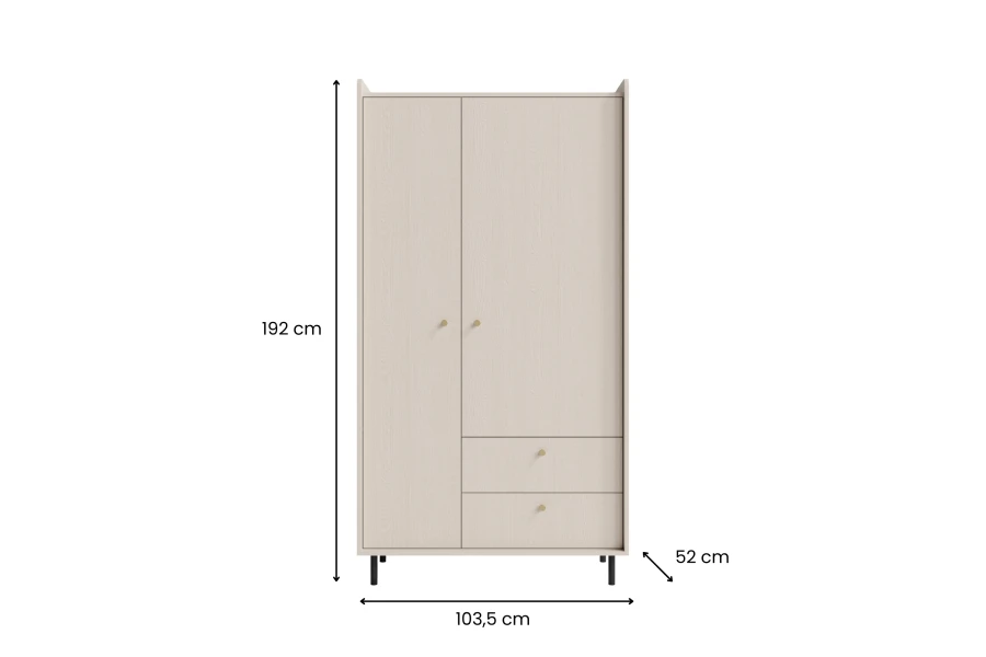 Beiger Kleiderschrank mit Maßen: 192 cm Höhe, 103,5 cm Breite, 52 cm Tiefe. Modernes Design.