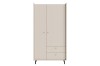 Moderner zweitüriger Kleiderschrank in hellem Beige mit zwei Schubladen und schwarzen Füßen.