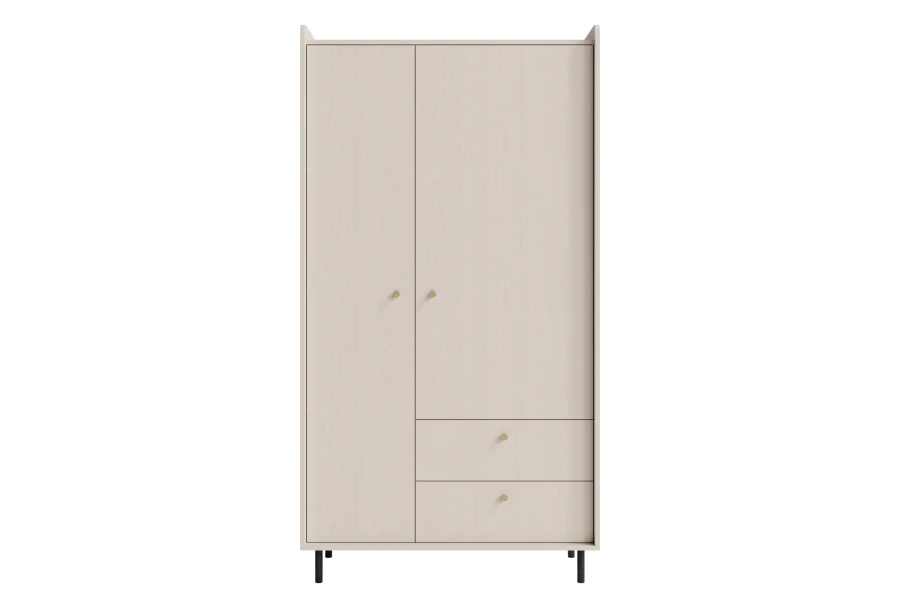 Moderner zweitüriger Kleiderschrank in hellem Beige mit zwei Schubladen und schwarzen Füßen.