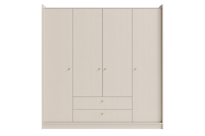 Moderner viertüriger Kleiderschrank in Beige mit zwei Schubladen und goldenen Griffen.