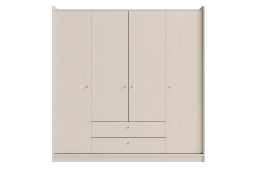Moderner viertüriger Kleiderschrank in Beige mit zwei Schubladen und goldenen Griffen.
