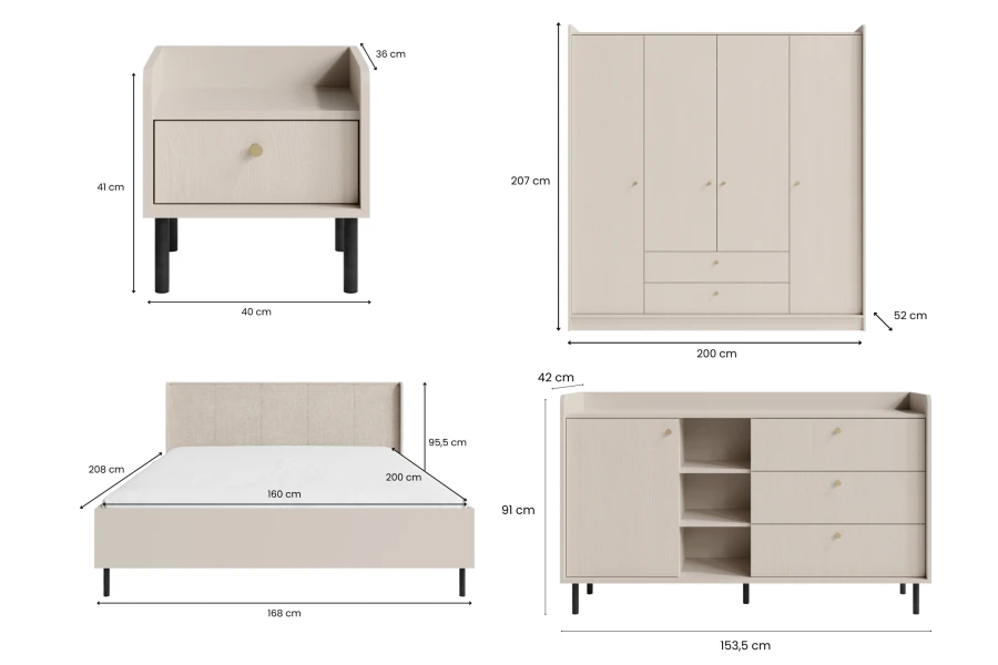 Maßskizzen für Georgia Schlafzimmermöbel: Nachttisch, Bett, Schrank und Sideboard.