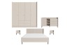 Modernes Schlafzimmer-Set in Beige: Kleiderschrank, Bett, Kommode und Nachttische.