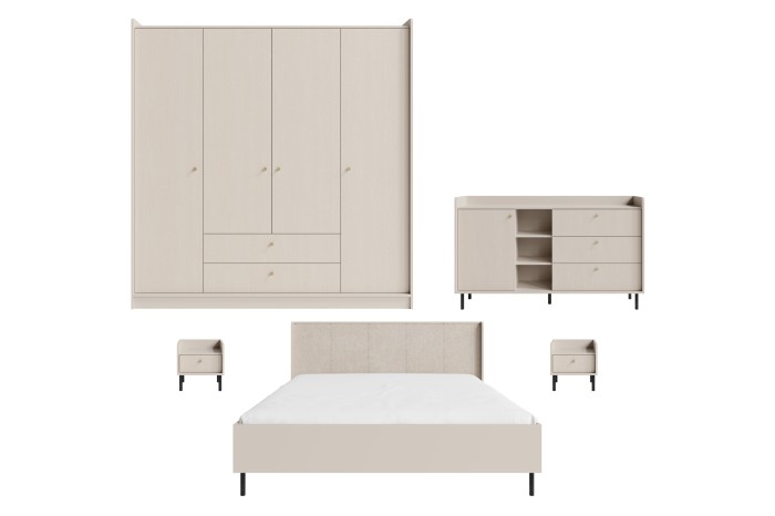 Modernes Schlafzimmer-Set in Beige: Kleiderschrank, Bett, Kommode und Nachttische.