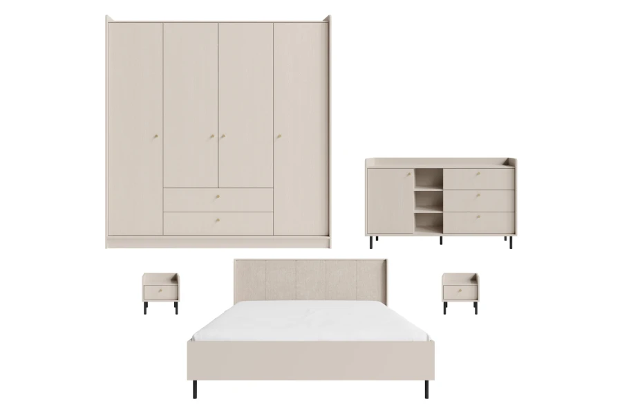 Modernes Schlafzimmer-Set in Beige: Kleiderschrank, Bett, Kommode und Nachttische.