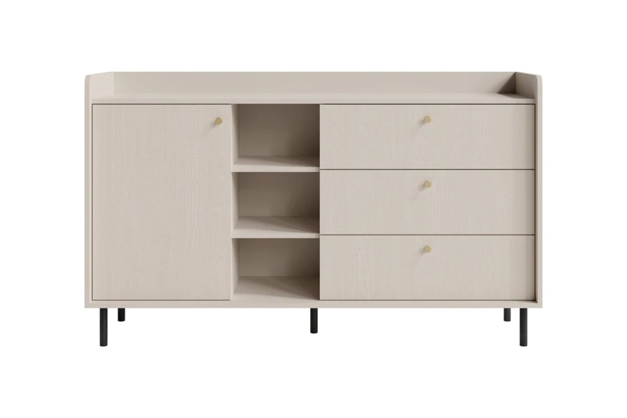 Modernes Sideboard in Beige mit Schubladen, Tür und offenen Fächern für das Schlafzimmer.
