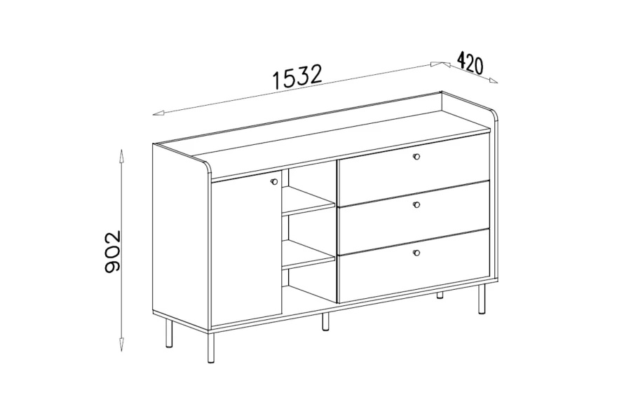 Technische Skizze mit Abmessungen (1532x902x420 mm) für die beigefarbene Kommode.