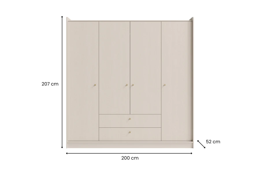 Maße Kleiderschrank: 200cm breit, 207cm hoch. Geräumiger Schrank in Beige mit Schubladen.