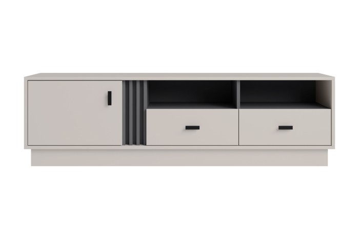 Stijlvol lowboard in beige met zwarte accenten en moderne lamellendetails.