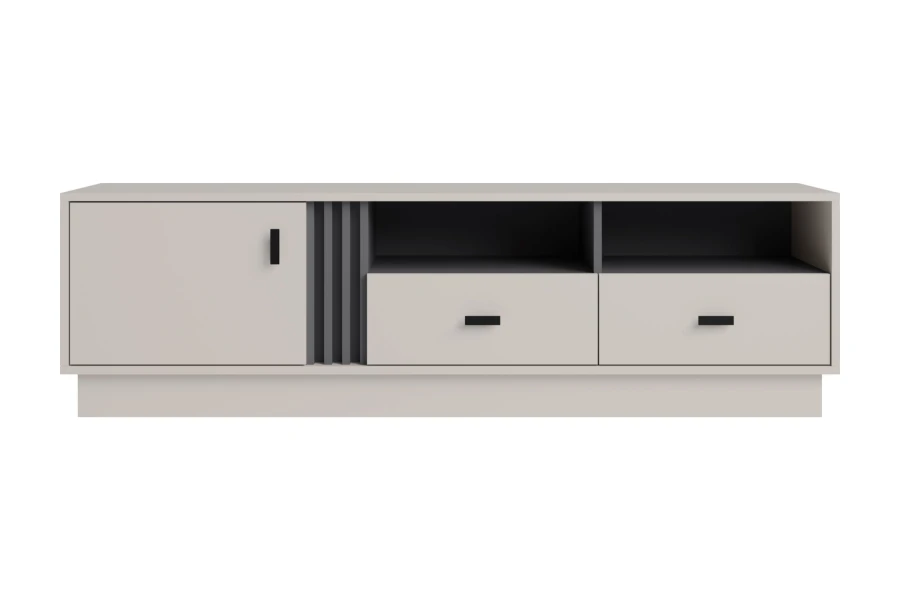 Stylisches Lowboard in Beige mit schwarzen Akzenten und modernen Lamellendetails.